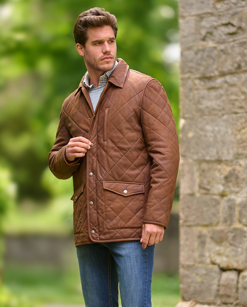 Gesteppte Herren Lederjacke ''Ben'' aus Lammnubuk in tan