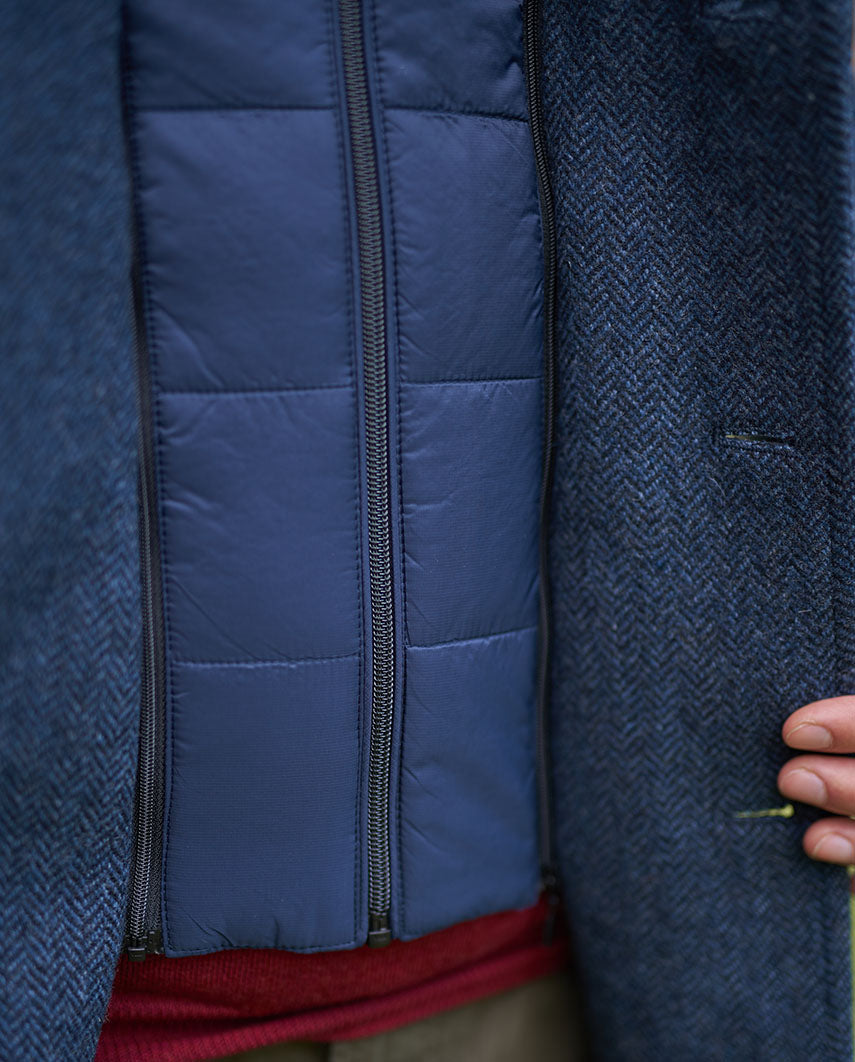 Men’s short coat “Flynston” with vest insert in blue herringbone