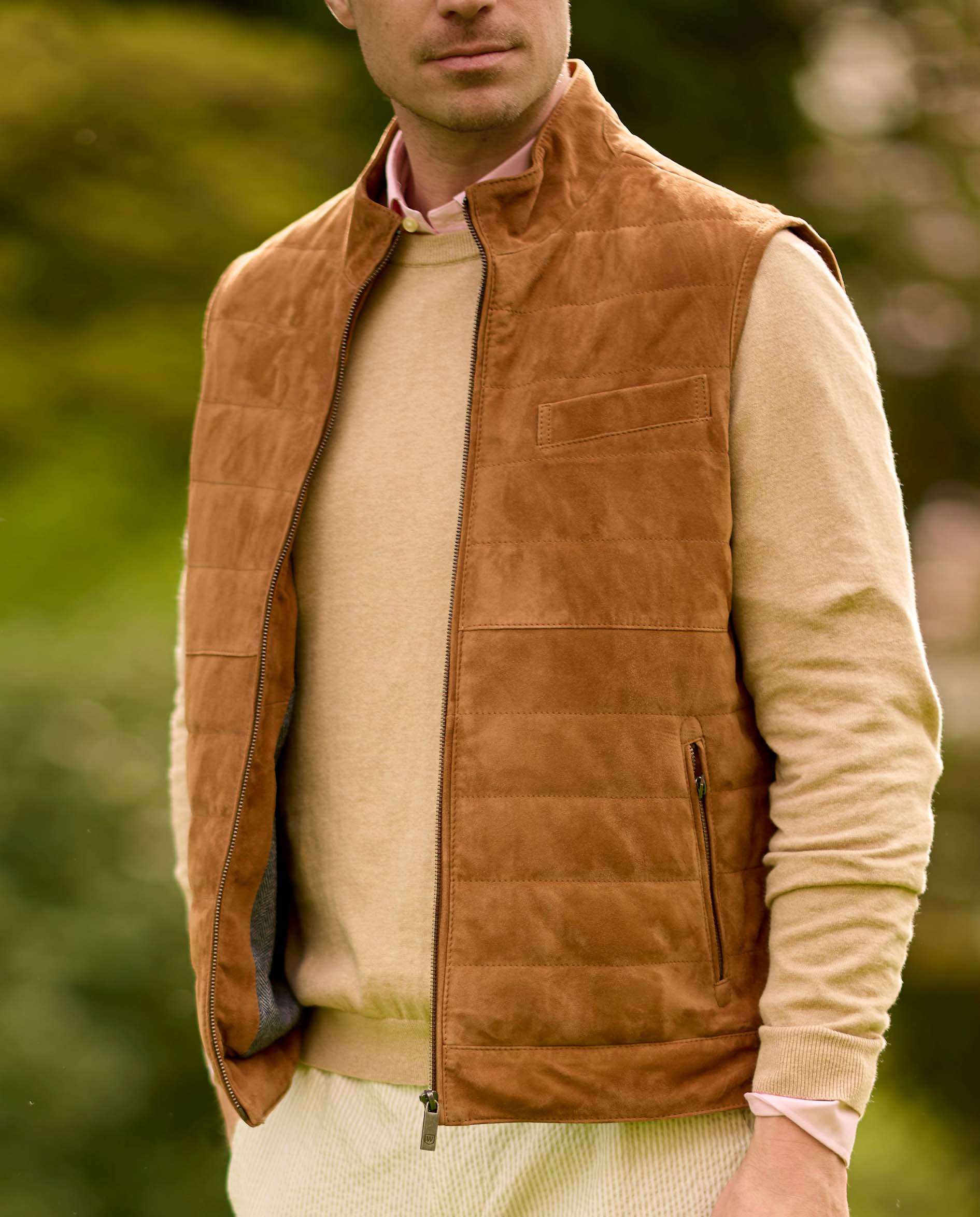 Men's leather vest ''Veikko'' made of goat suede in cognac
