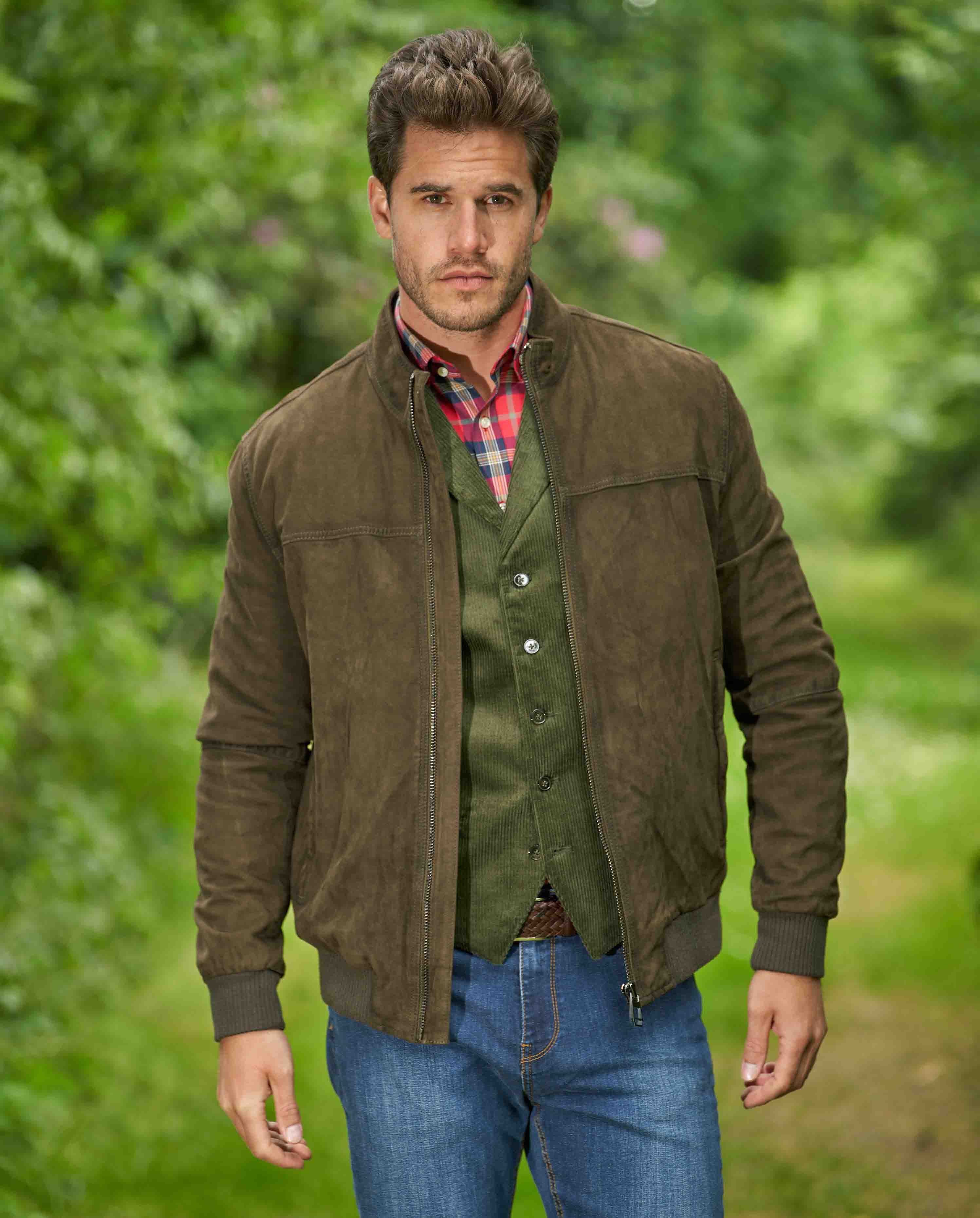 Herren Lederblouson „Vivian“ aus Ziegenvelours in Washed Oliv