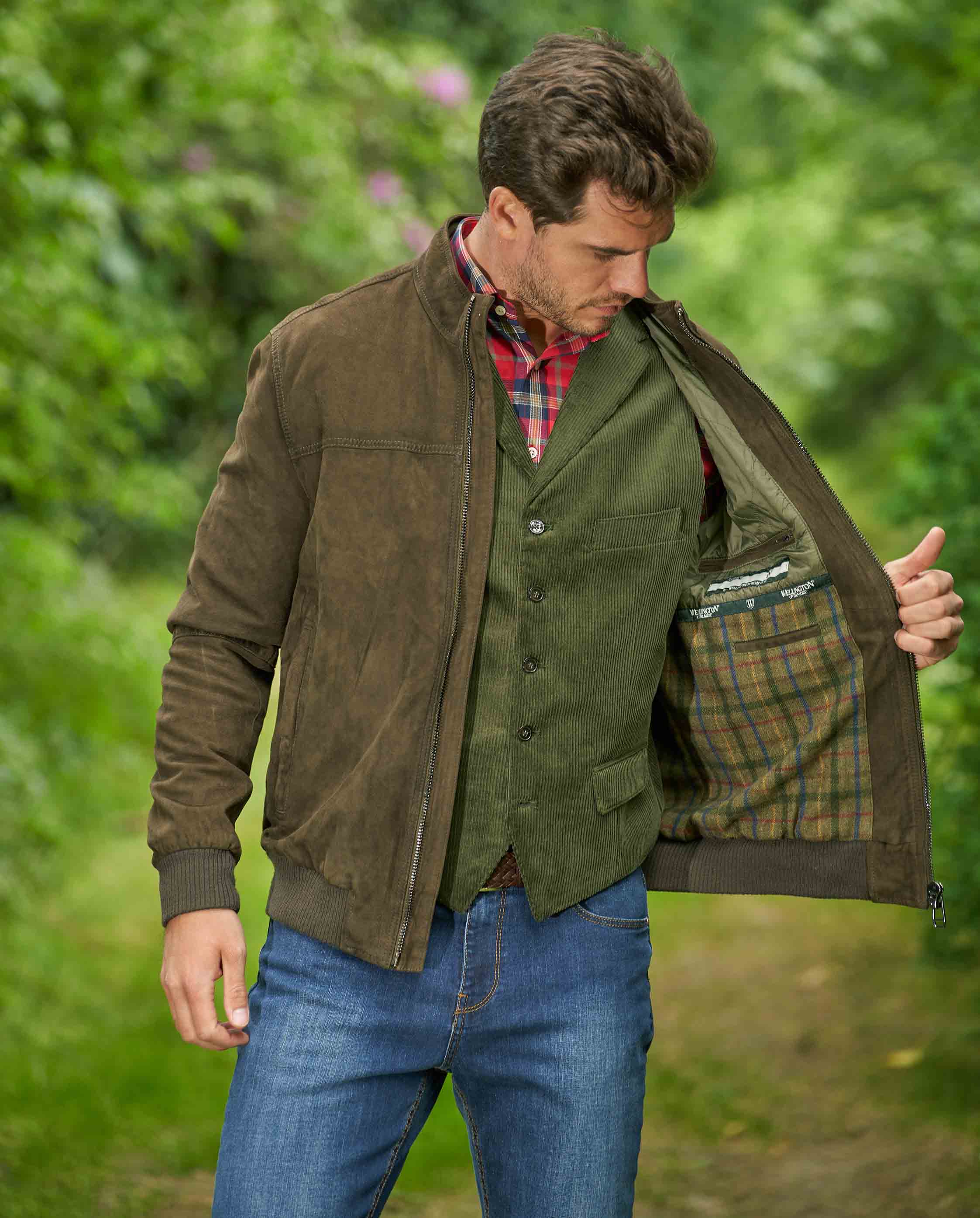 Herren Lederblouson „Vivian“ aus Ziegenvelours in Washed Oliv
