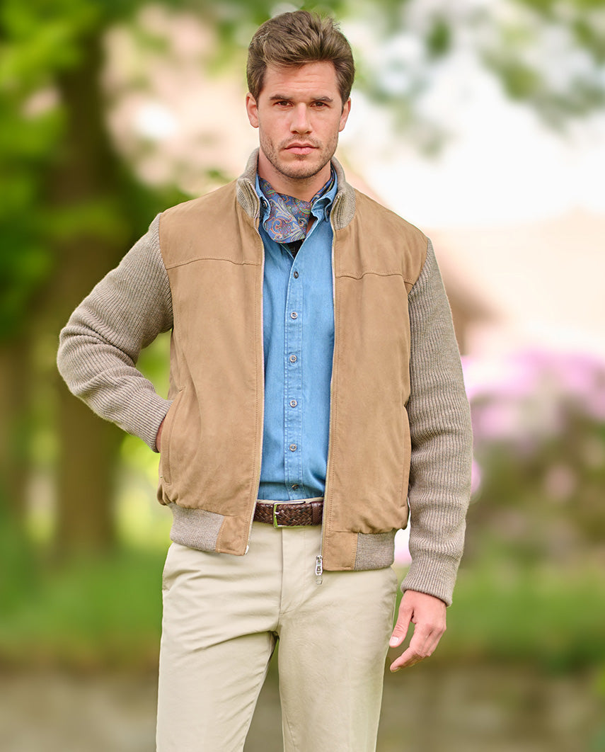 Herren Lederjacke ‚,Nicolas‘' aus Ziegenvelours & Strick in Sand