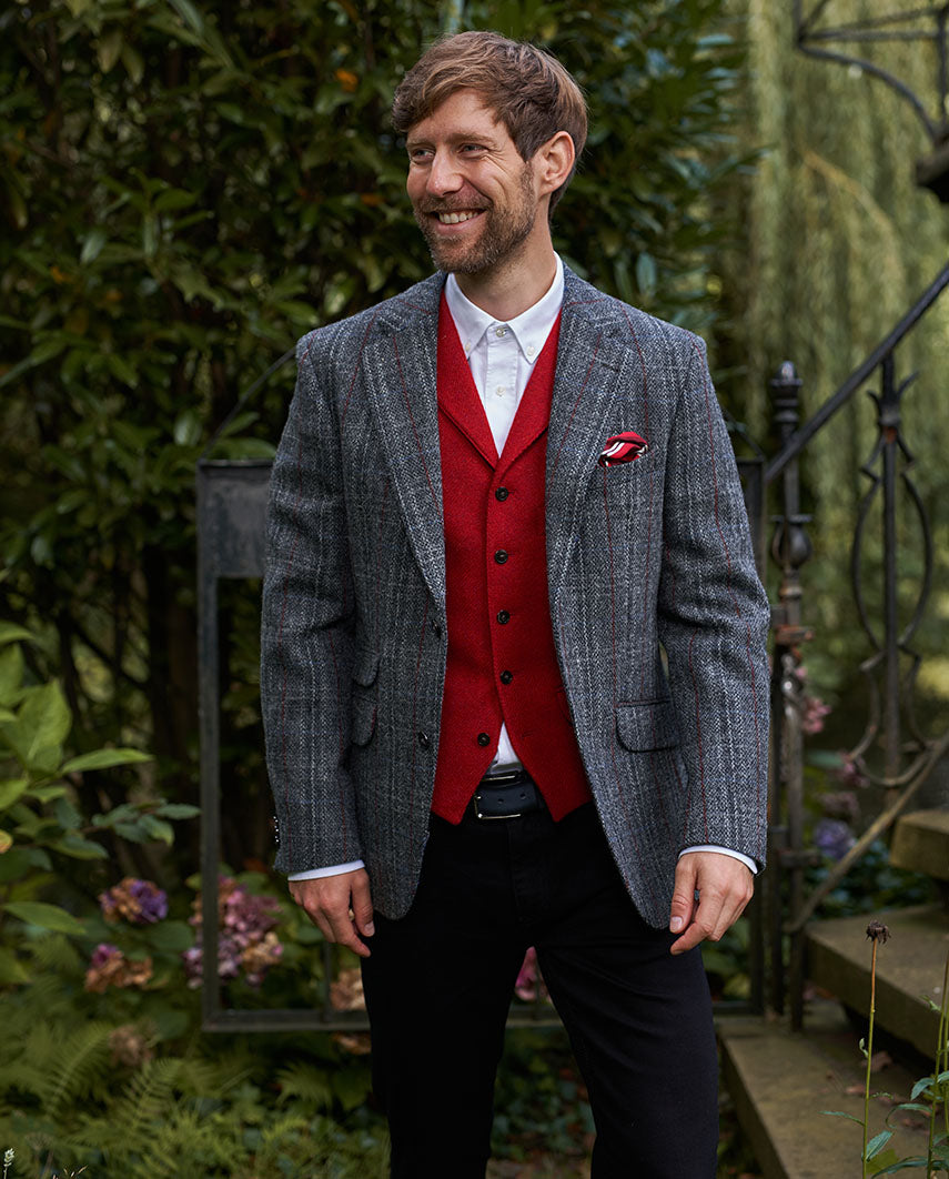Harris Tweed Sakko "London" in grey-red-blue Overcheck
