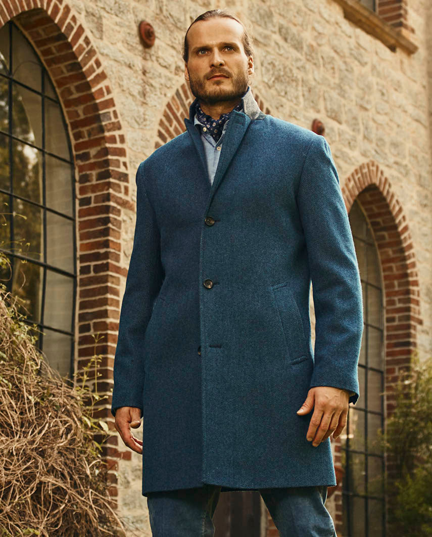 Men's tweed coat ''Howard'' in blue herringbone