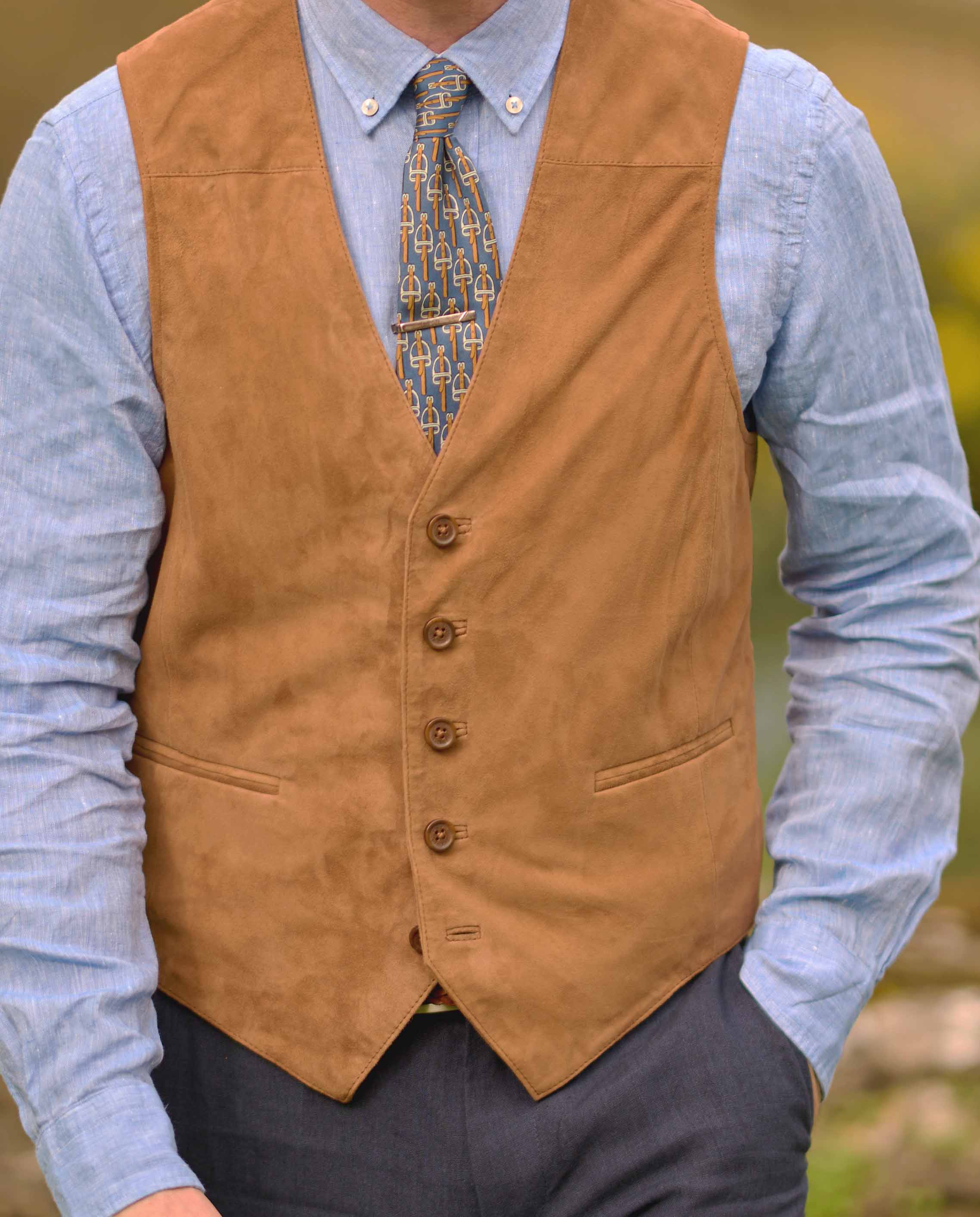 Men's leather vest "Tailor" made of the finest goat suede in cognac