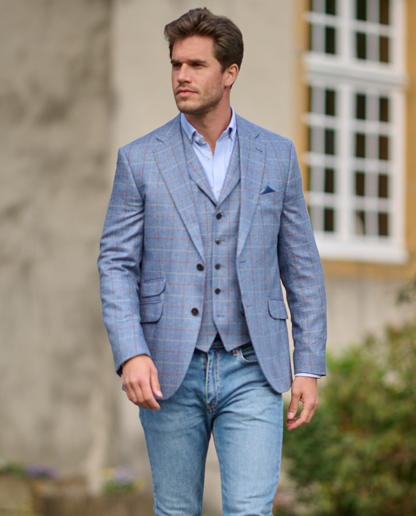 edles Seiden Sakko "London" in blau mit dezentem Überkaro