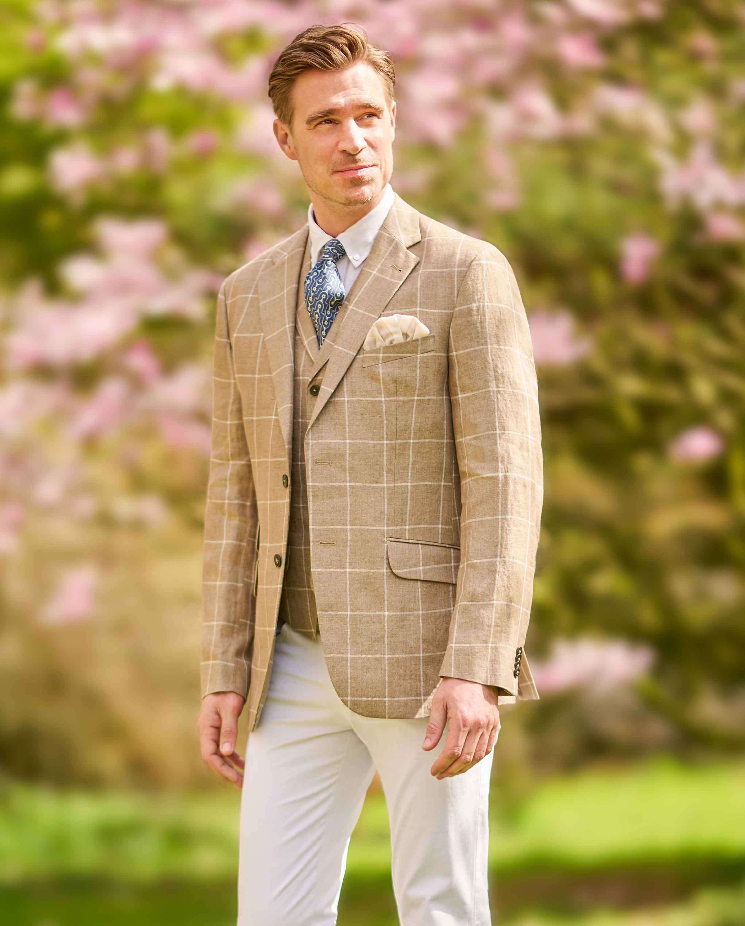 elegant men's linen jacket ''London'' in beige windowpane check