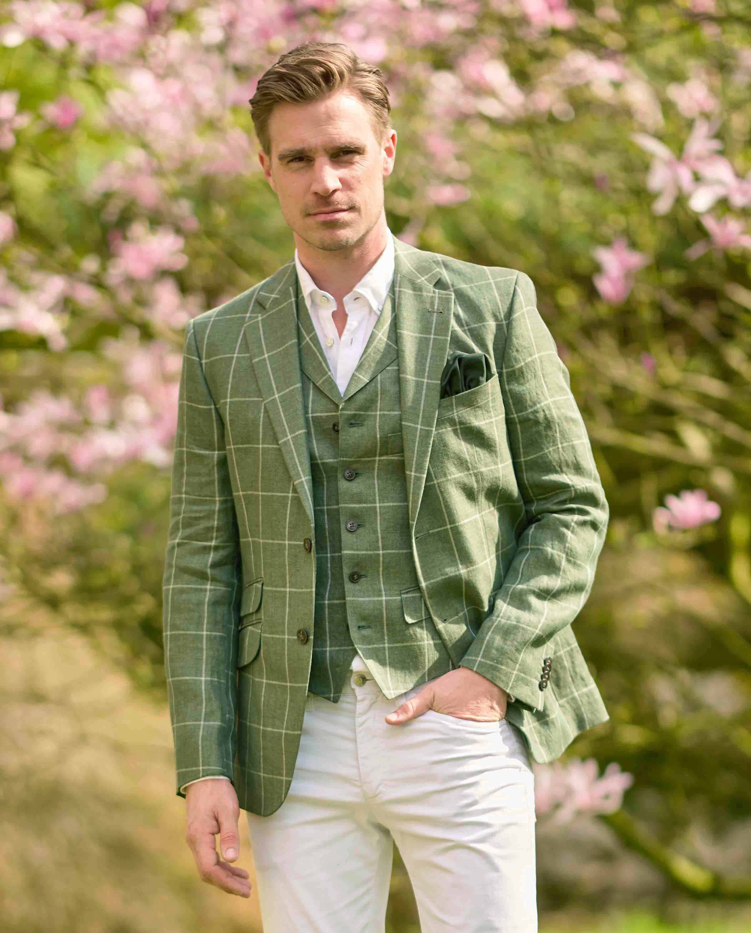 elegant men's linen jacket ''London'' in green window check