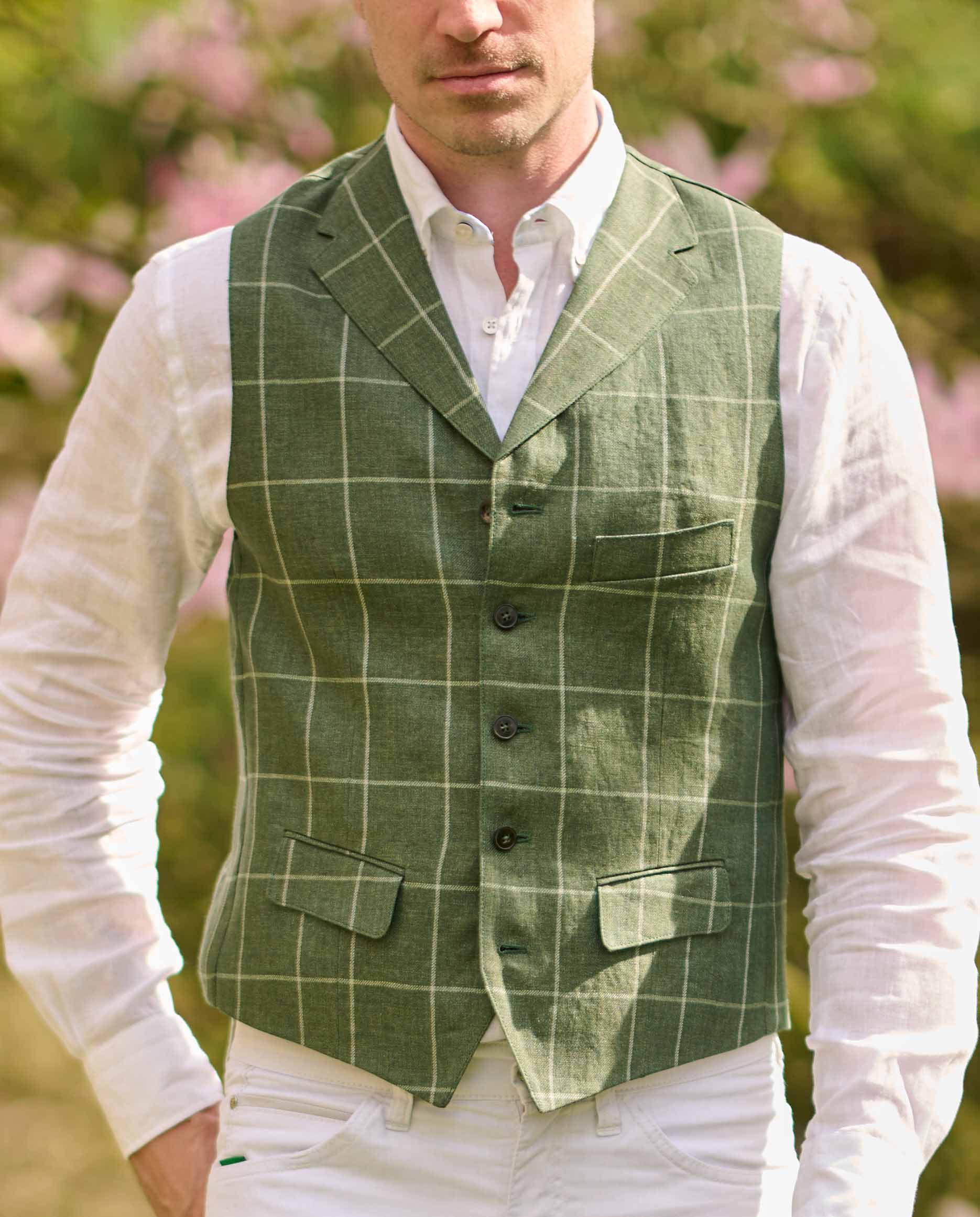 edle Herren Leinenweste ''Wales'' im grünen Fensterkaro