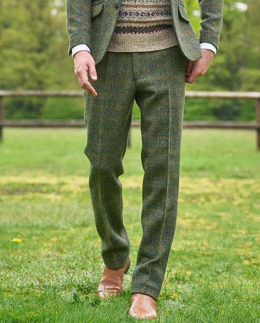 Harris Tweed Hose ”Mr. Miller ” in oliv-blue Overcheck