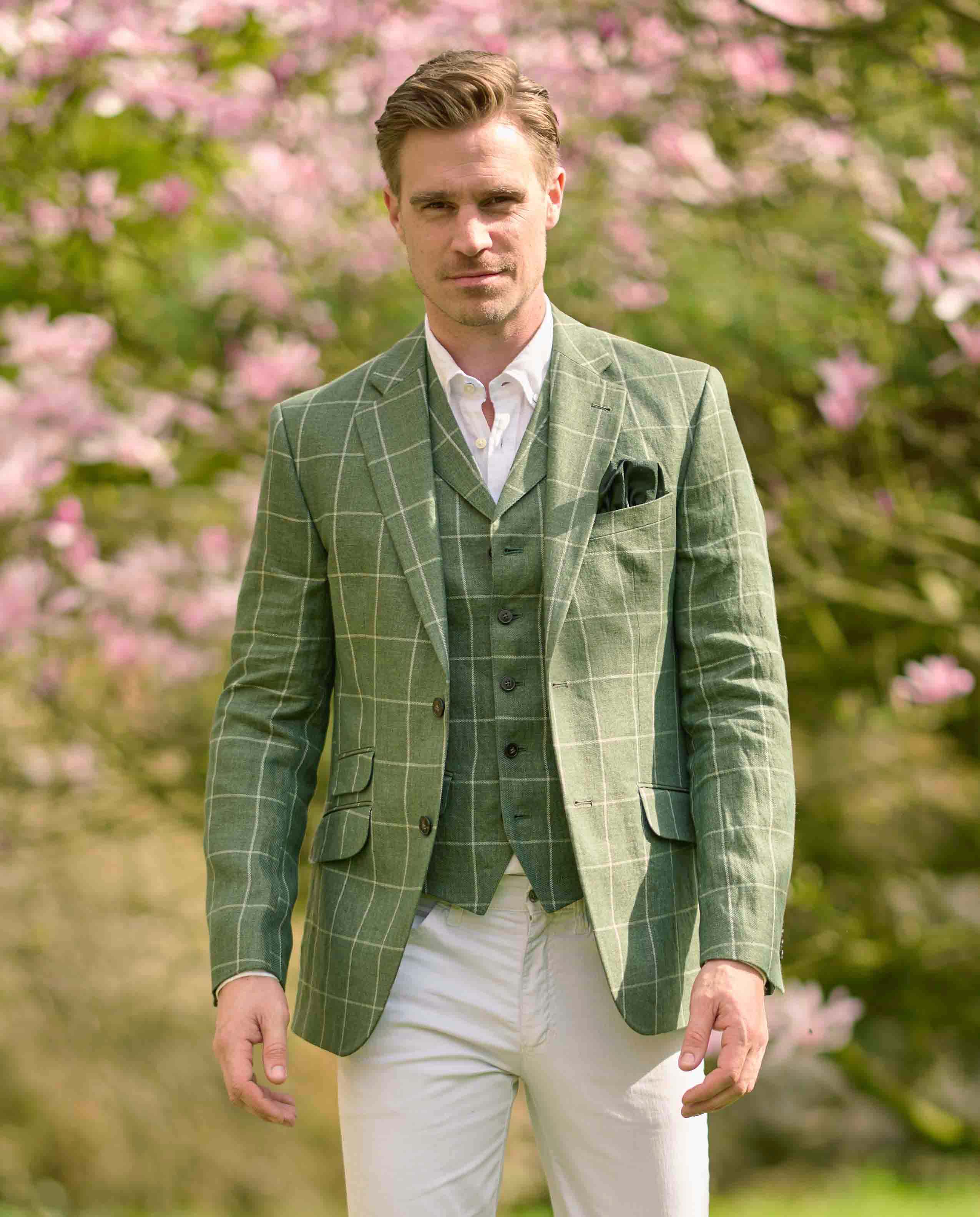 elegant men's linen jacket ''London'' in green window check