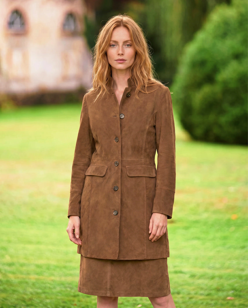 Damen Ledermantel ,,Annie Gehrock'' aus Ziegen-Veloursleder in mud