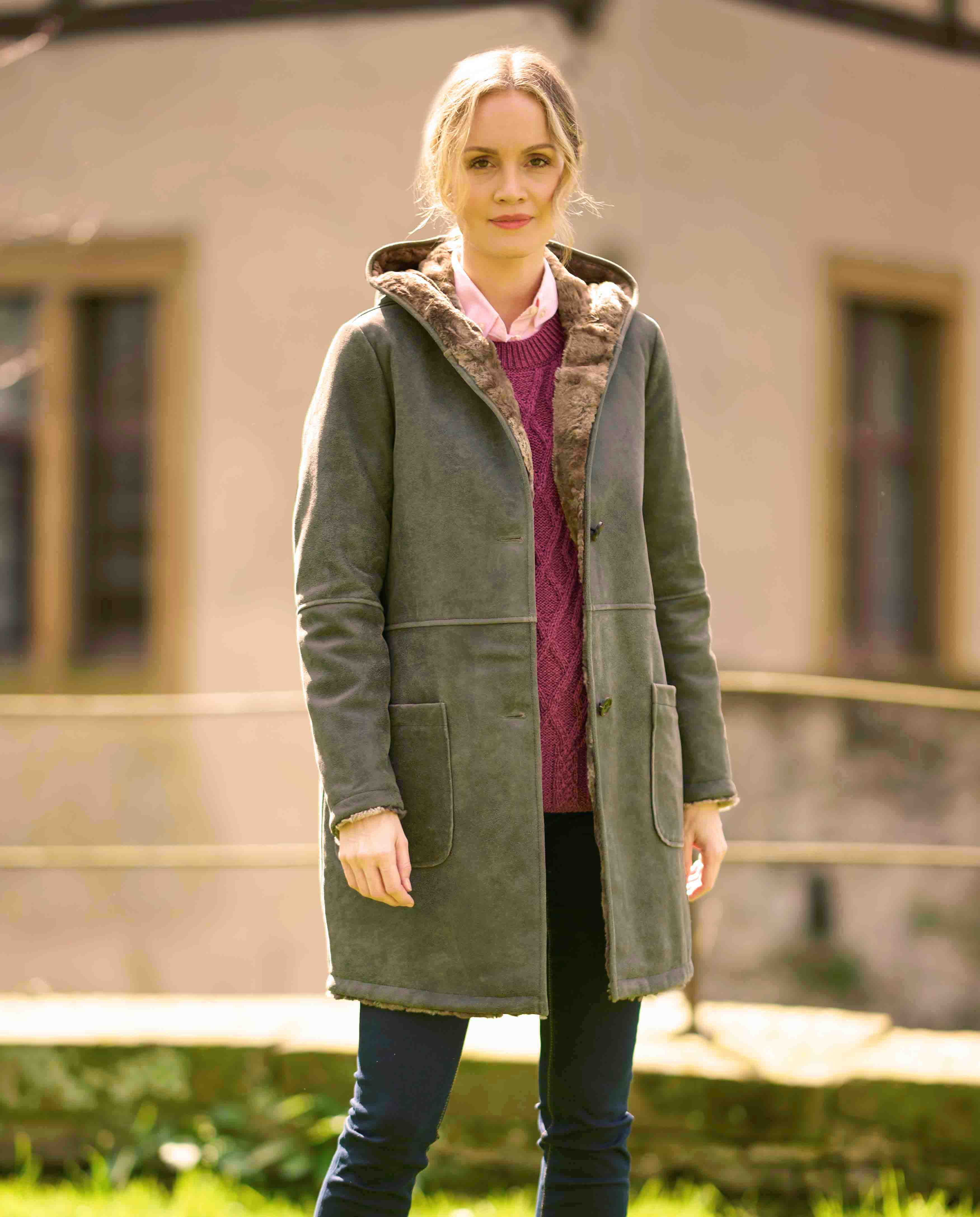 Leather coat for women with cozy lining and hood