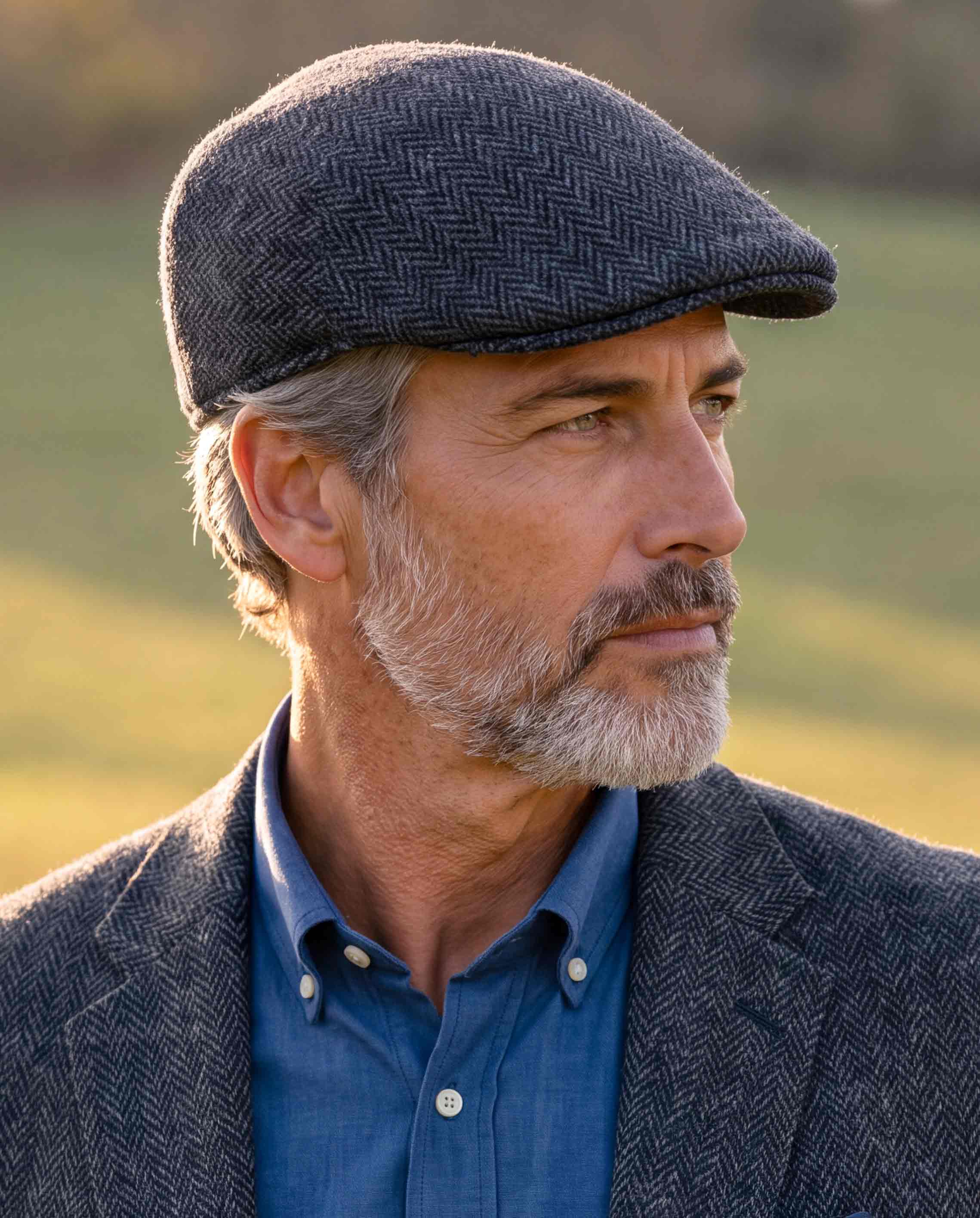 Schiebermütze "Henry Cap" aus Original Harris Tweed – Seastone Navy Herringbone