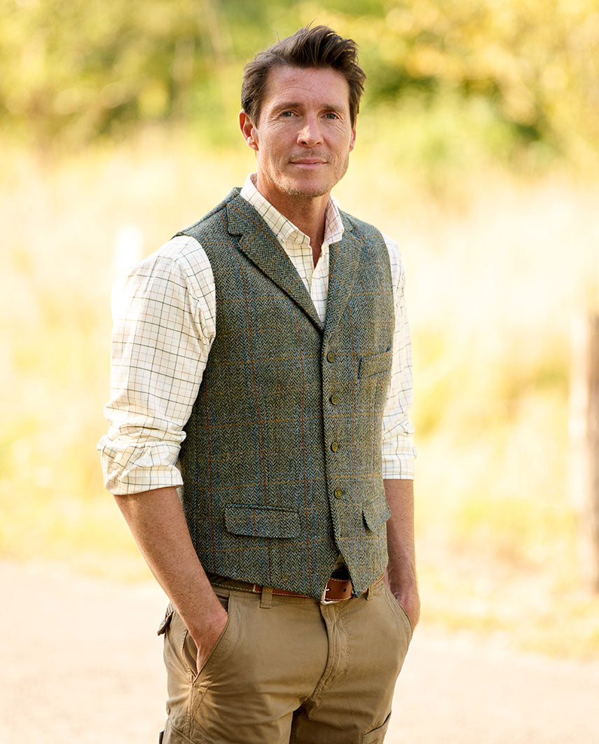 Harris Tweed Weste ''Wales'' in oliv-blue Overcheck
