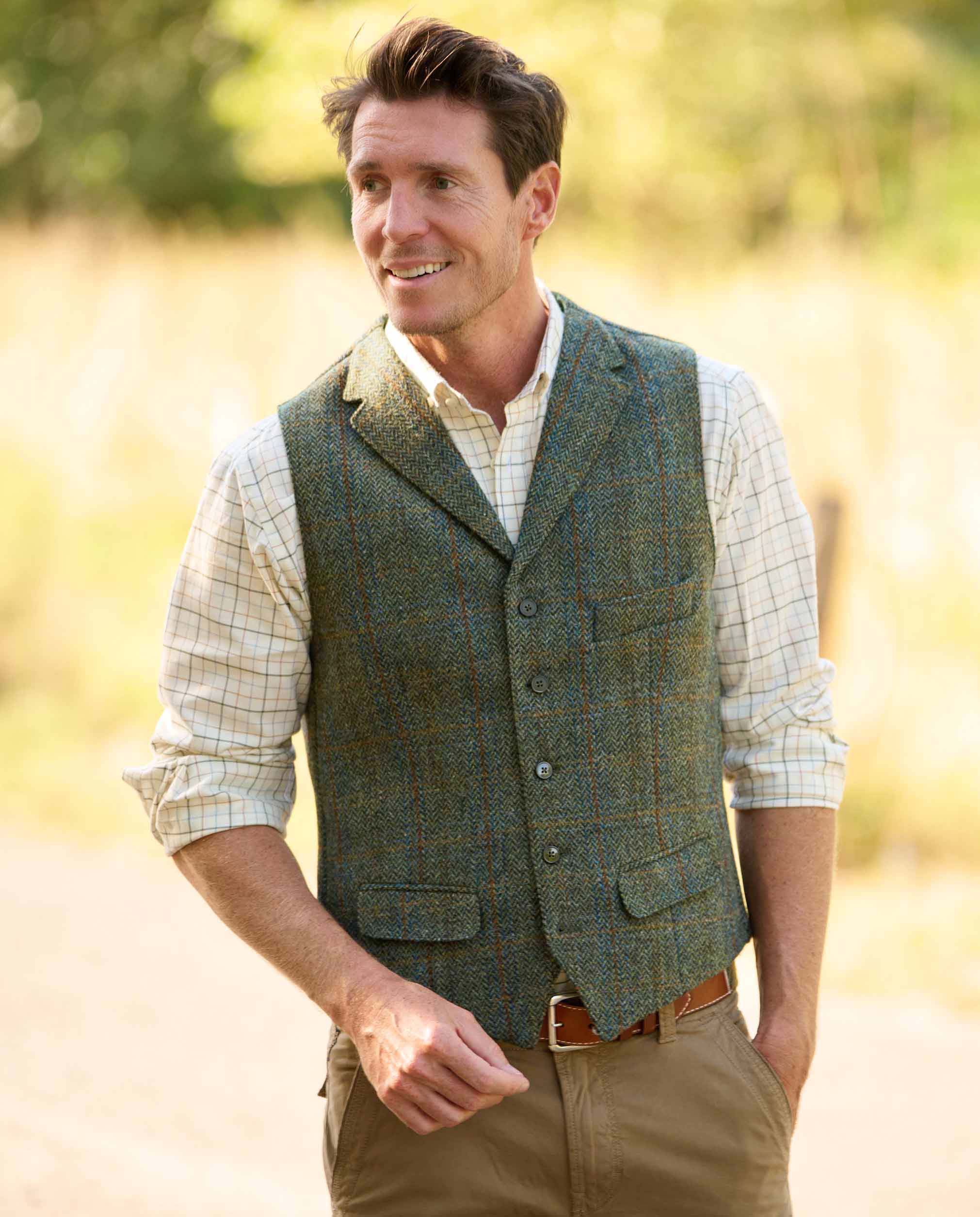 Harris Tweed Weste ''Wales'' in oliv-blue Overcheck