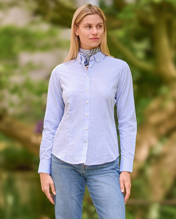 Button-Down Damenbluse "Stella" im blauen Vichy Karo