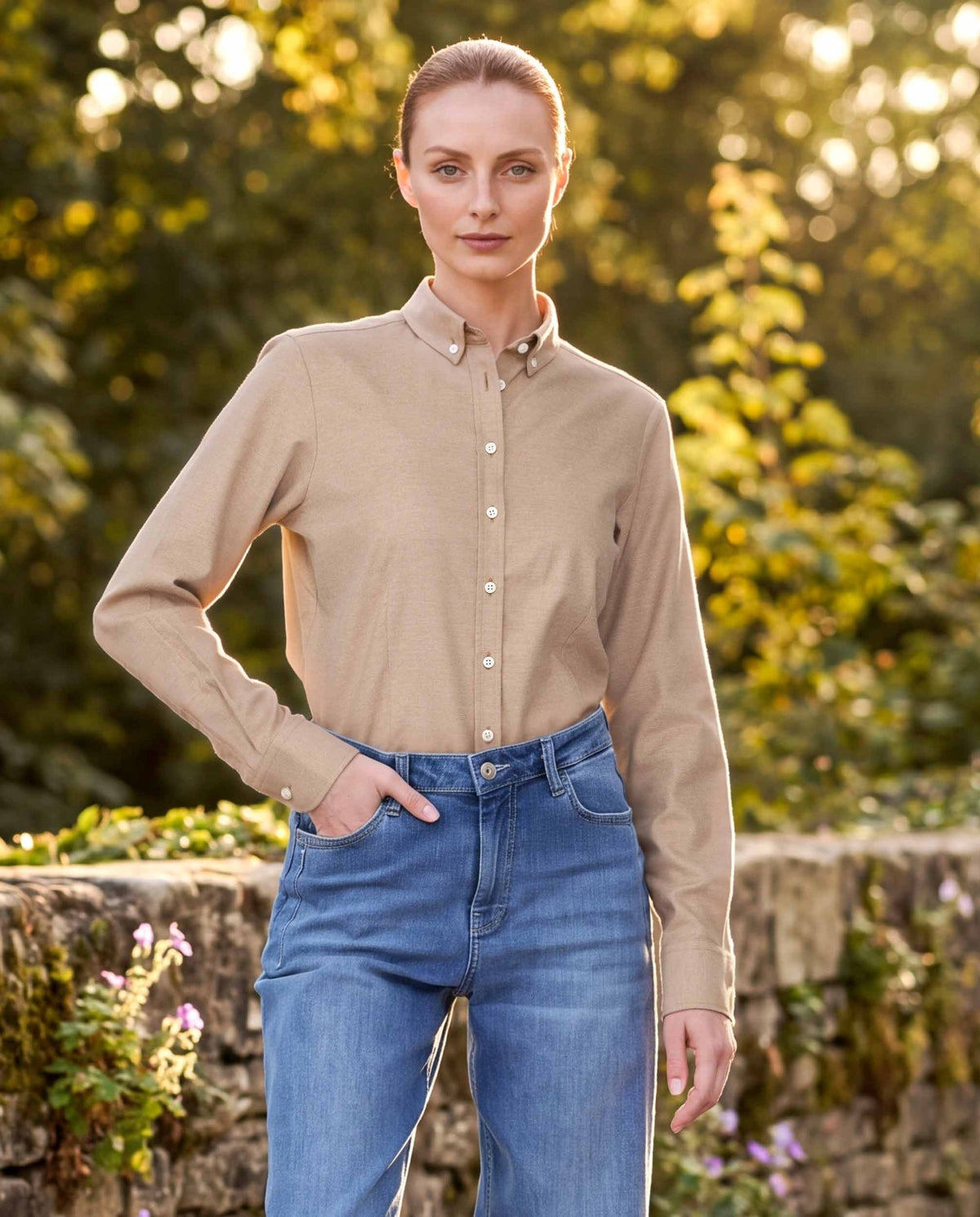 Button-Down Damenbluse "Stella" in sand, Produktkarte