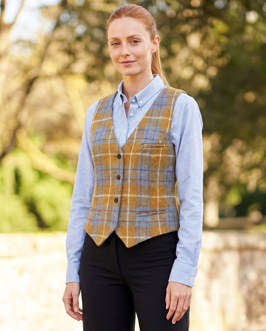 Damen Harris Tweed Weste "Lea" in amber check - Wellington of Bilmore
