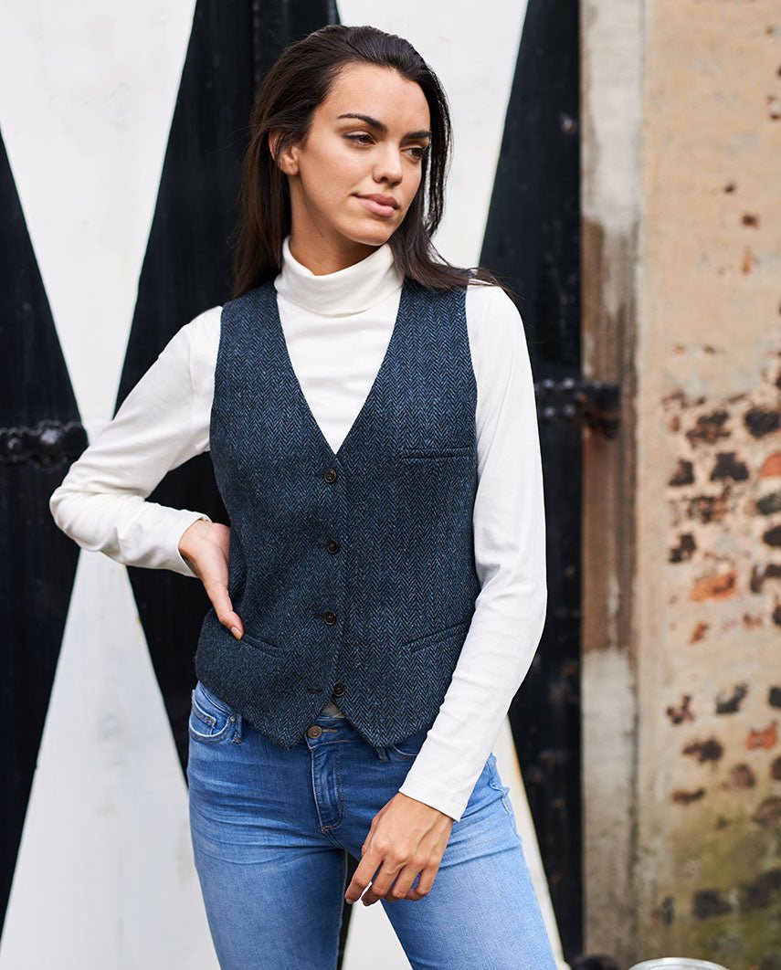 Damen Harris Tweed Weste "Lea" in blue herringbone - Wellington of Bilmore