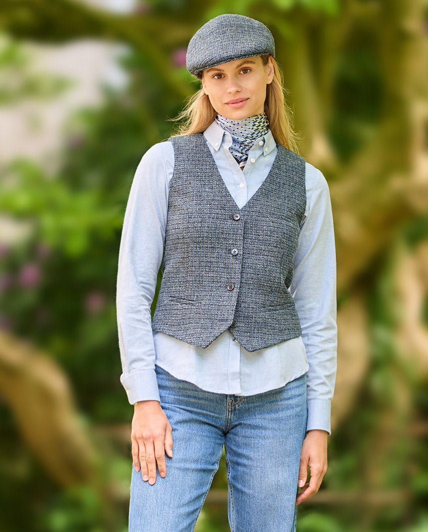 Damen Harris Tweed Weste "Lea" in blue Houndstooth - Wellington of Bilmore