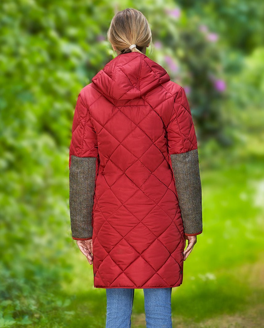 Damen Steppmantel ''Perth Polar'' mit Polar Fleece & Tweed Applikationen in red Dahlia - Wellington of Bilmore