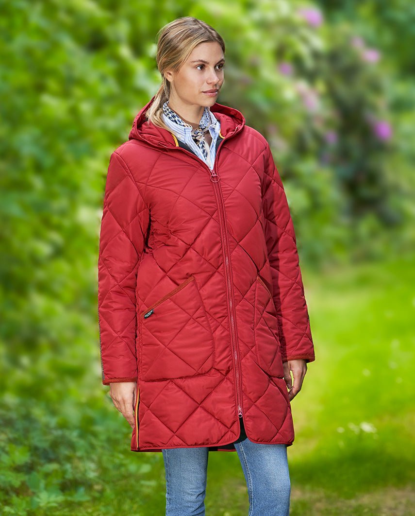 Damen Steppmantel ''Perth Polar'' mit Polar Fleece & Tweed Applikationen in red Dahlia - Wellington of Bilmore