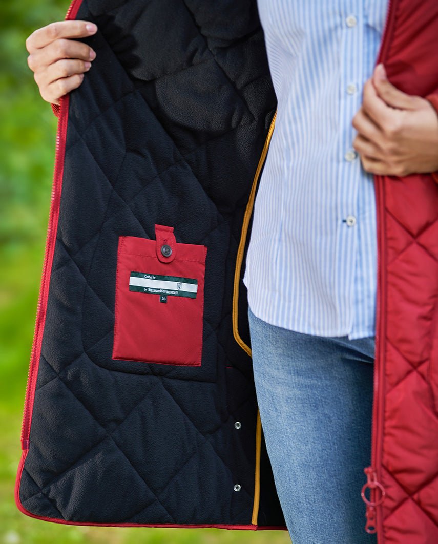 Damen Steppmantel ''Perth Polar'' mit Polar Fleece & Tweed Applikationen in red Dahlia - Wellington of Bilmore