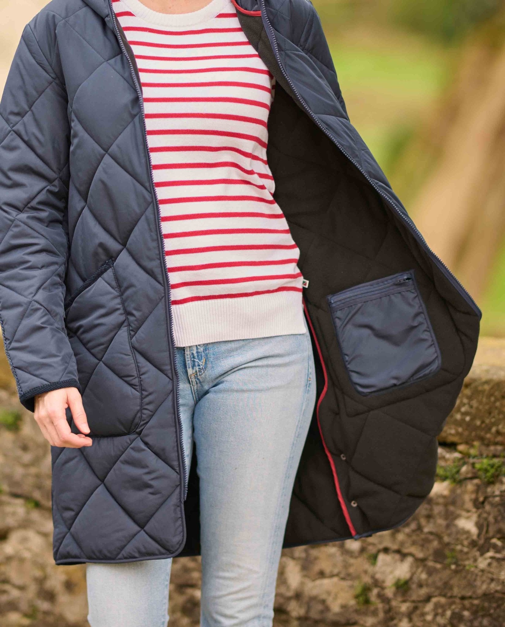 Damen Steppmantel ''Perth Polar'' mit Polar Fleece und Harris Tweed Applikationen in navy - Wellington of Bilmore