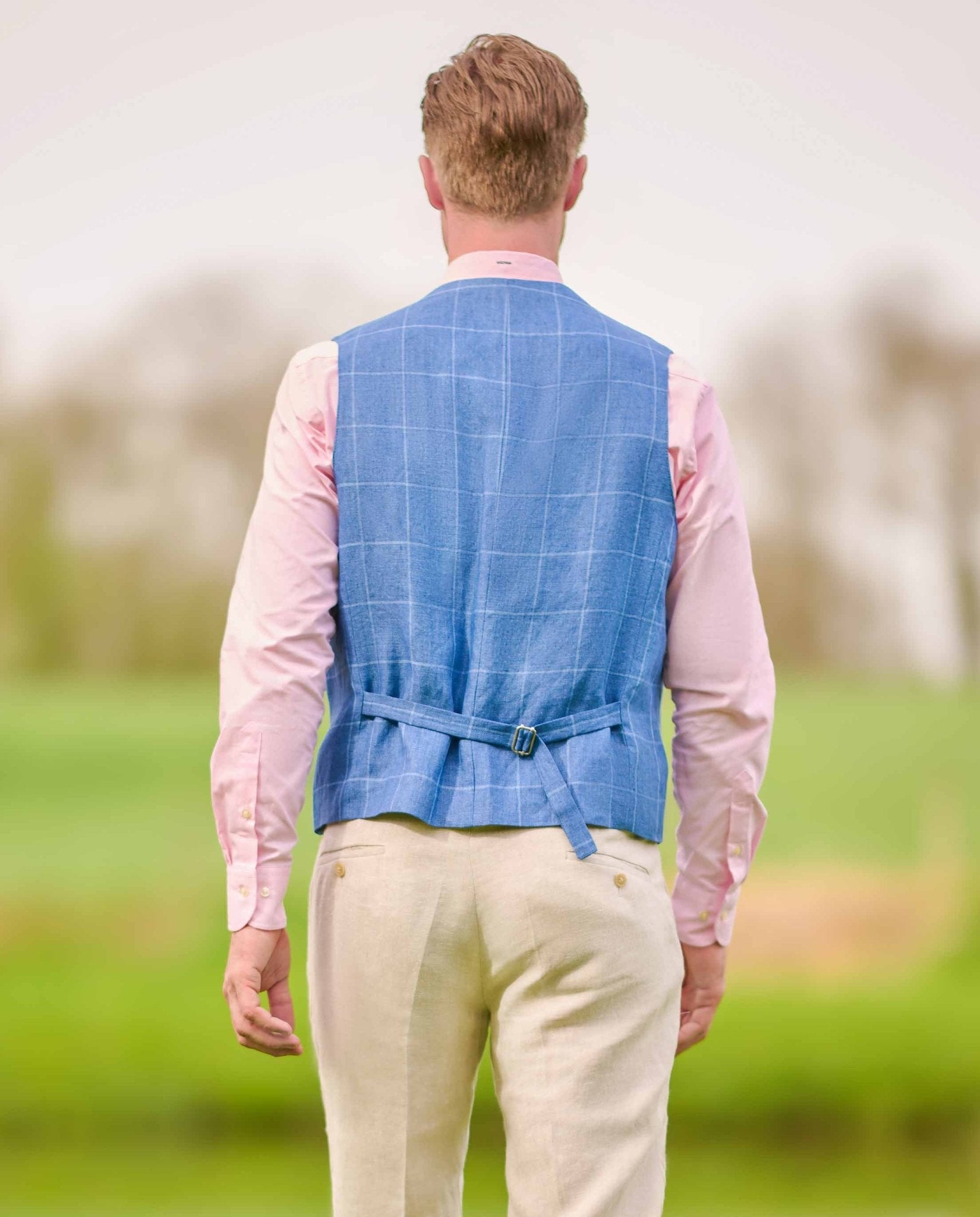 edle Herren Leinenweste ''Wales'' im blauen Fensterkaro - Wellington of Bilmore