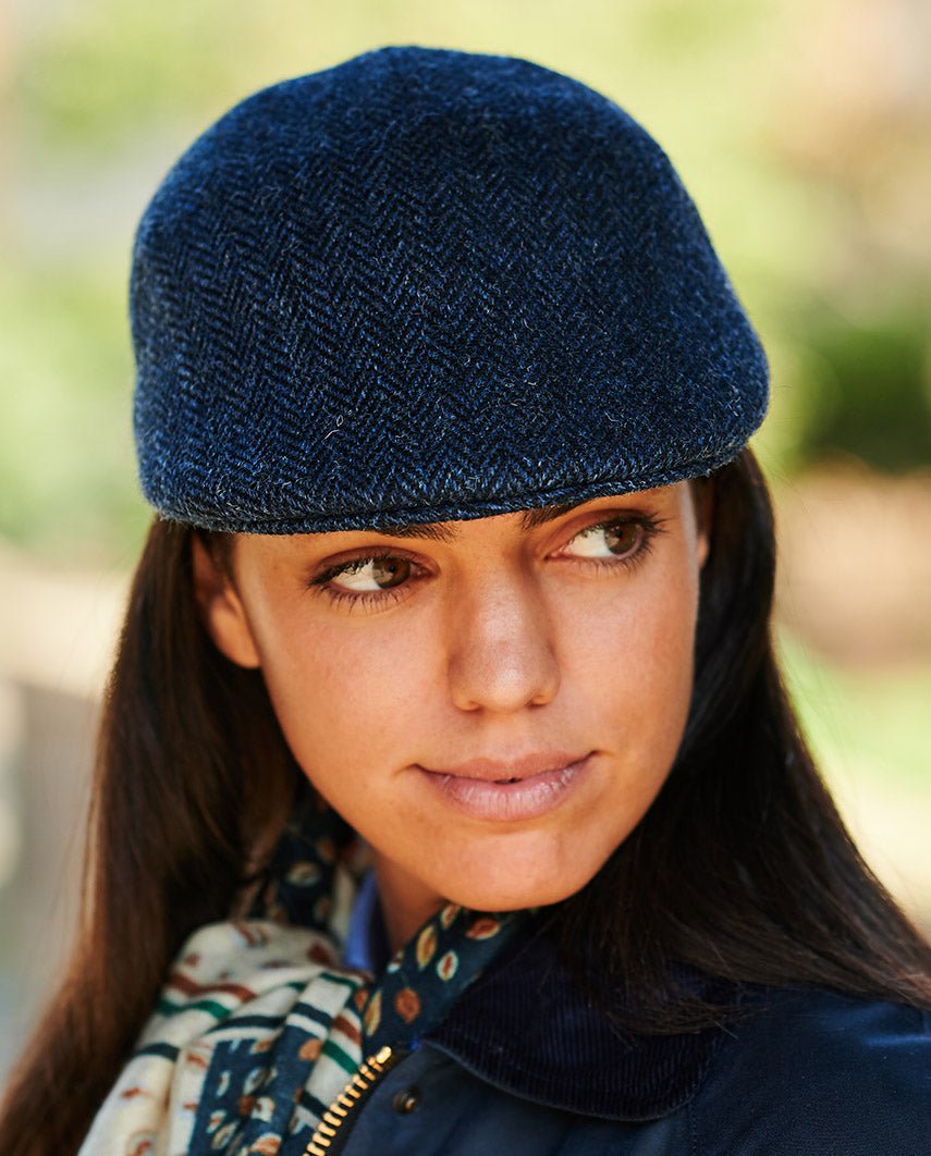 Harris Tweed Mütze "Henry Cap" in Blue Herringbone - Wellington of Bilmore