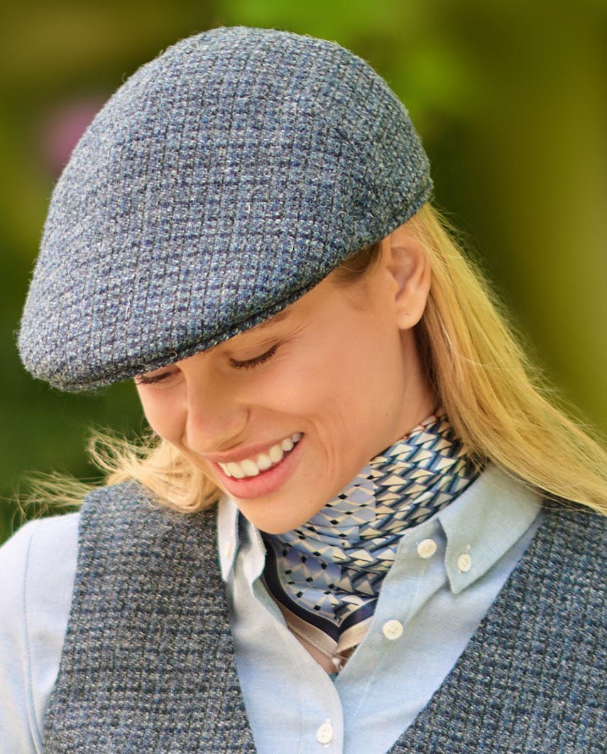 Harris Tweed Mütze "Henry Cap" in blue Houndstooth - Wellington of Bilmore