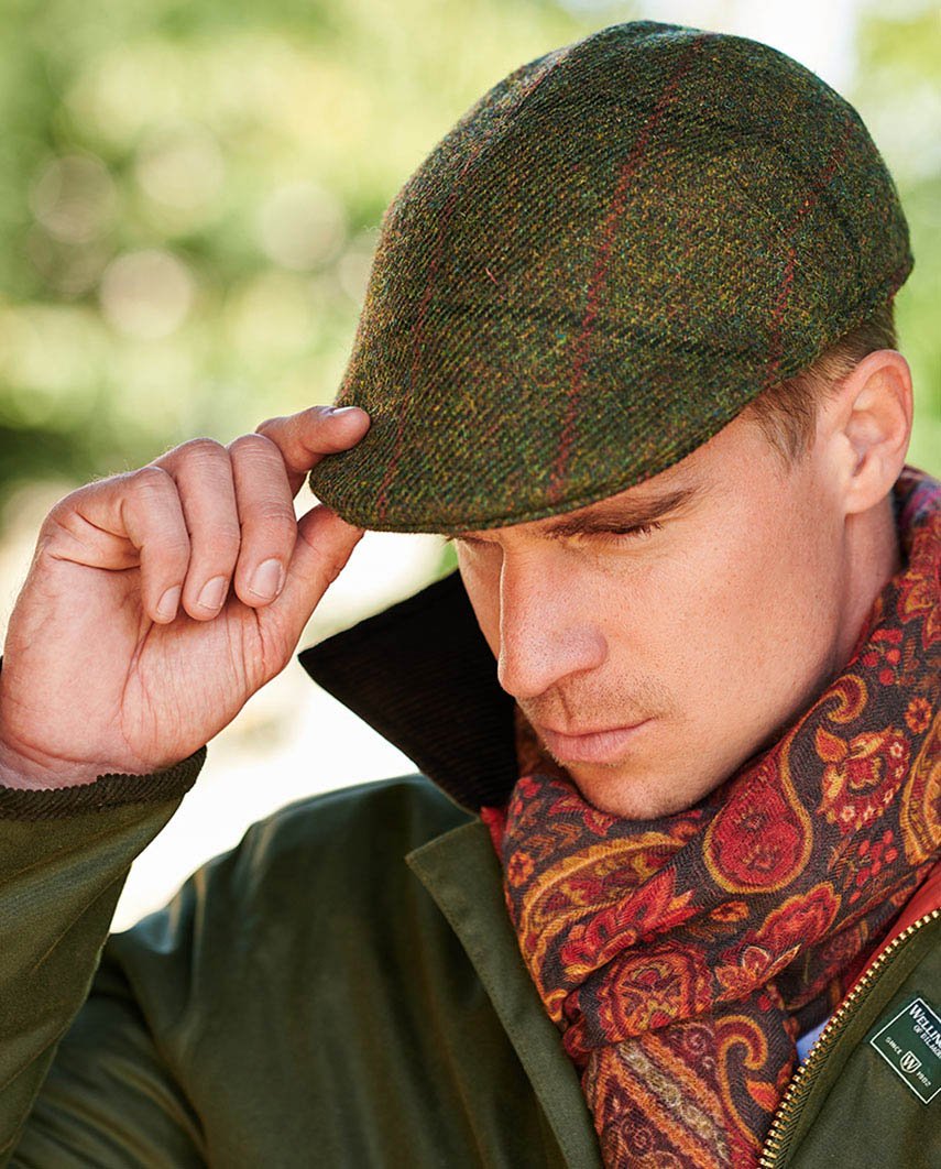 Harris Tweed Mütze "Henry Cap" in green Overcheck - Wellington of Bilmore