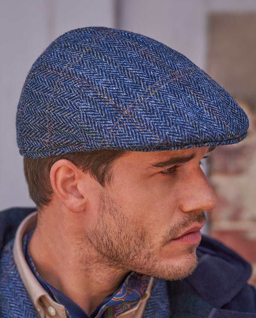 Harris Tweed Mütze "Henry Cap" in grey - blue herringbone - Wellington of Bilmore