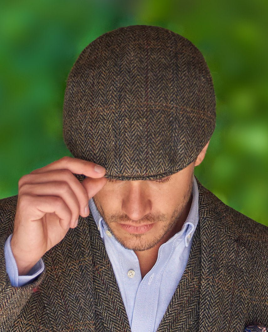 Harris Tweed Mütze "Henry Cap" in highland green herringbone - Wellington of Bilmore