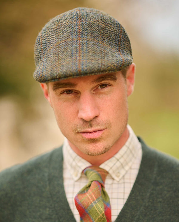 Harris Tweed Mütze "Henry Cap" in oliv-blue Overcheck