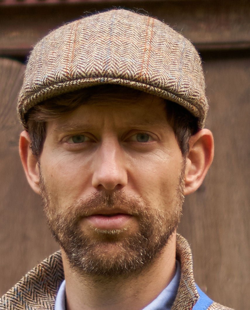 Harris Tweed Mütze "Henry Cap" in sand herringbone - Wellington of Bilmore