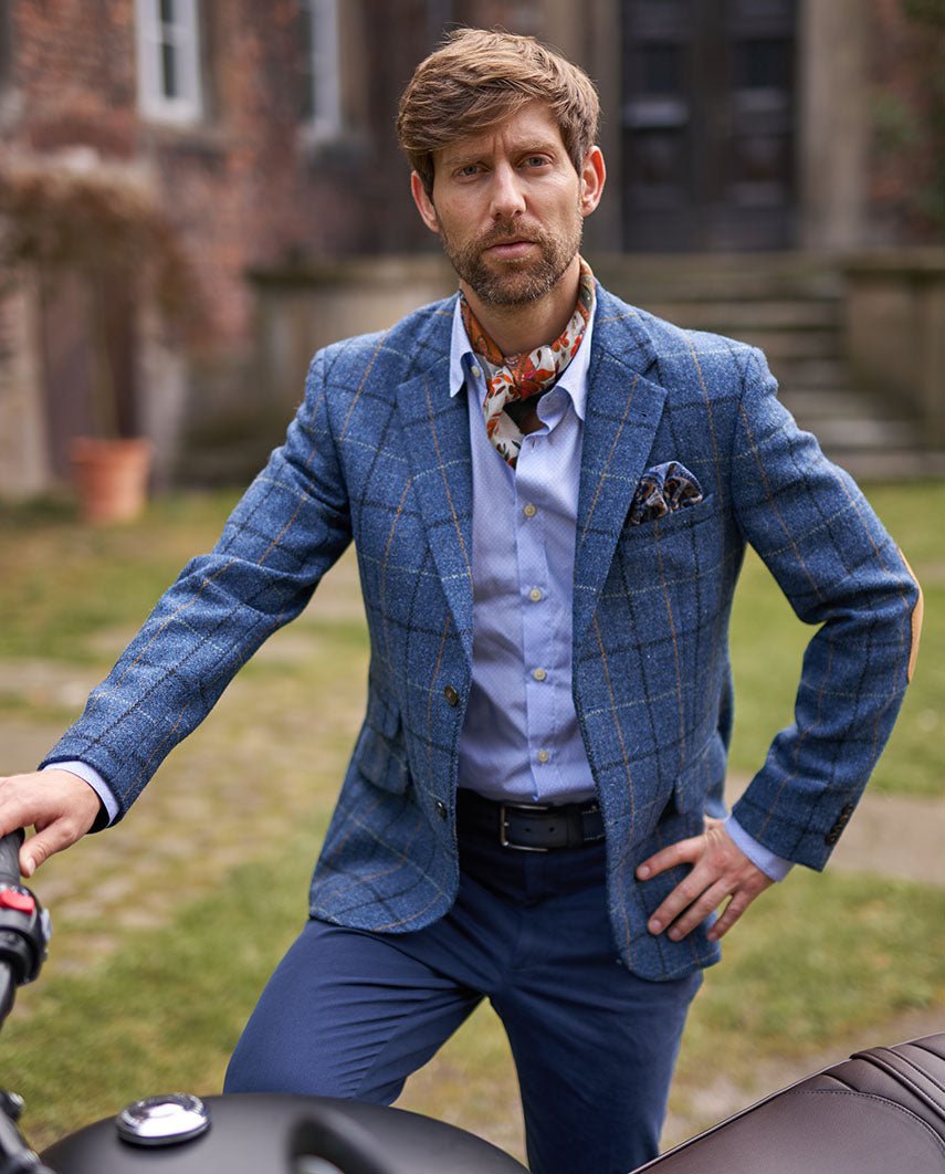 Harris Tweed Sakko "London" in blue overcheck - Wellington of Bilmore