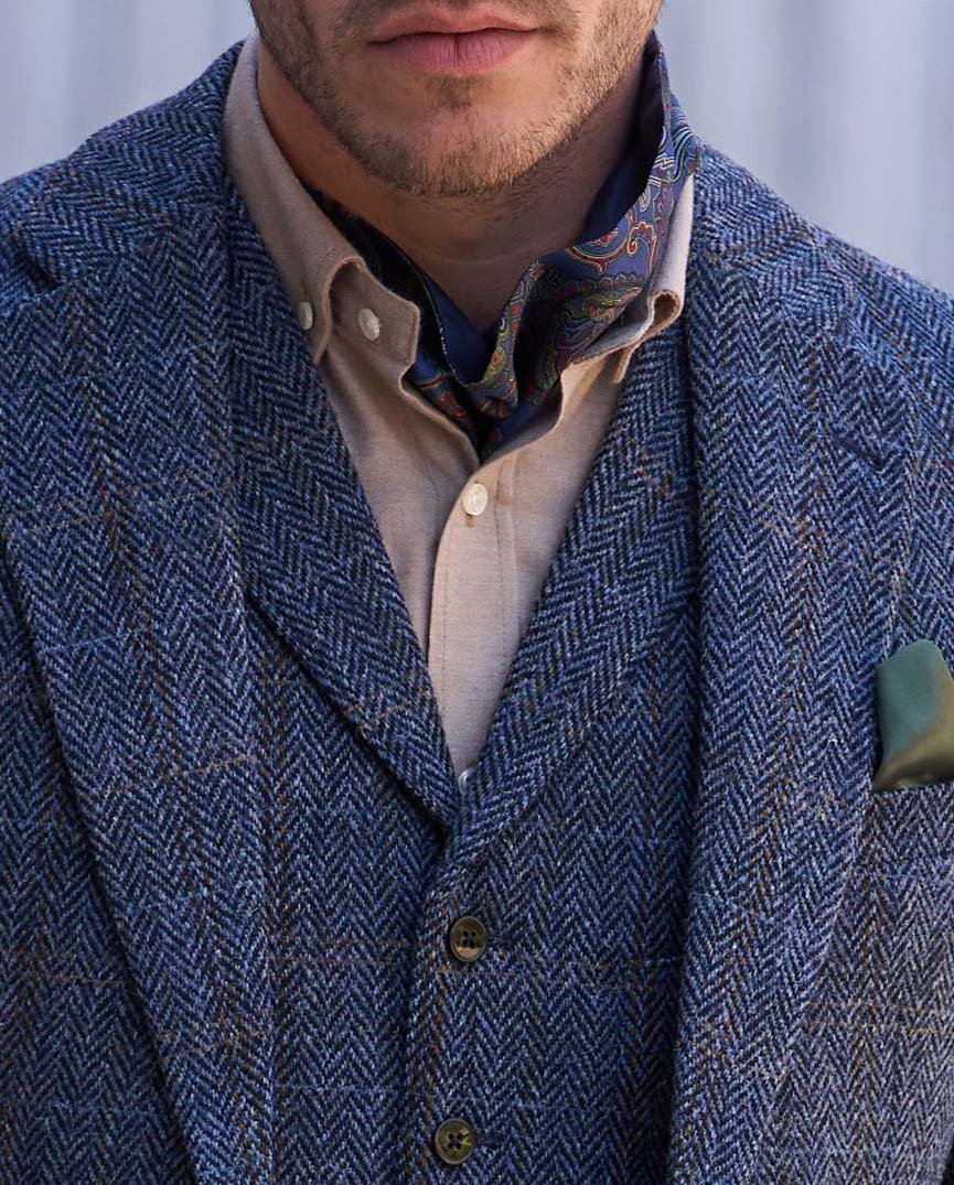 Harris Tweed Sakko ''London'' in grey - blue herringbone - Wellington of Bilmore