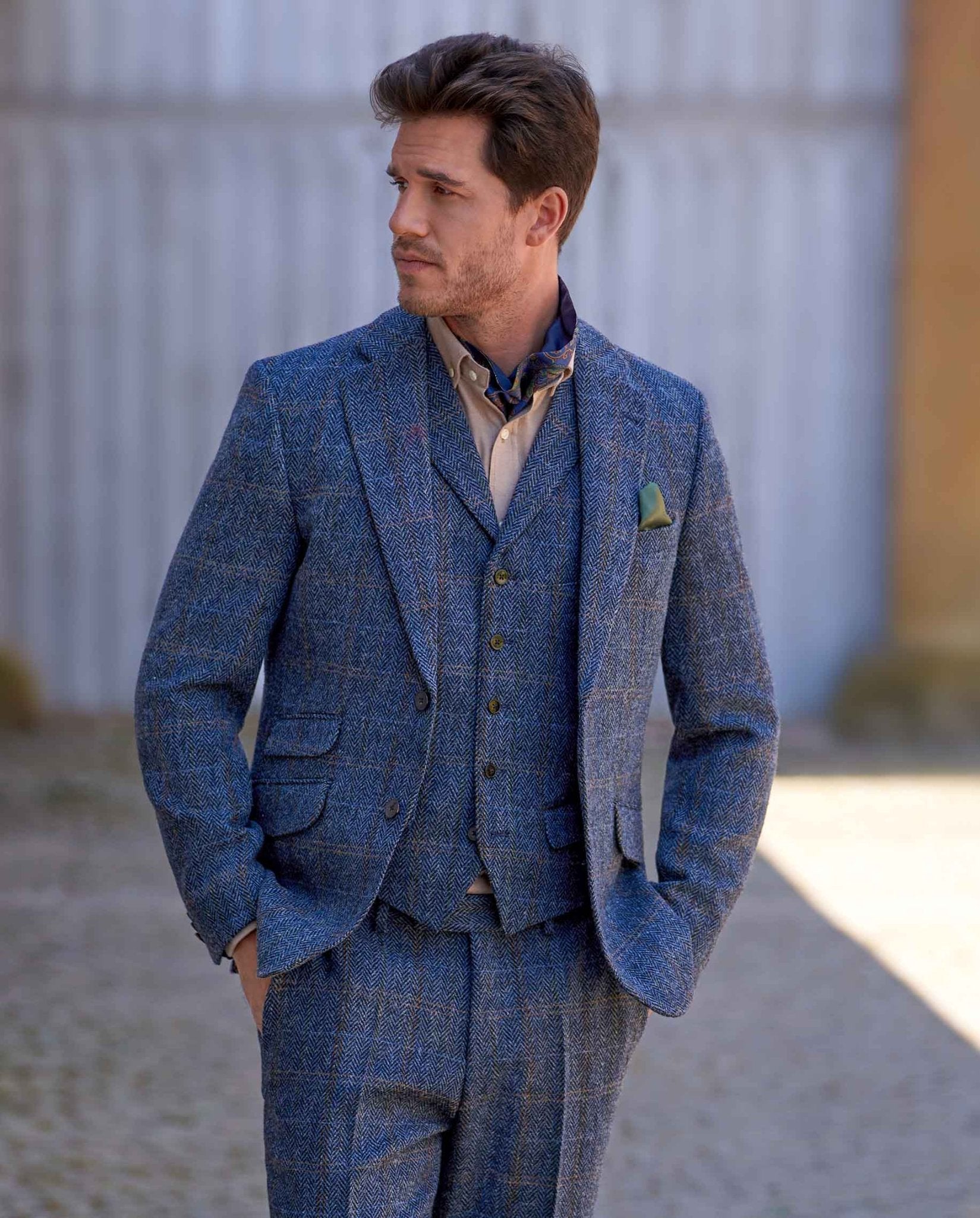 Harris Tweed Sakko ''London'' in grey - blue herringbone - Wellington of Bilmore