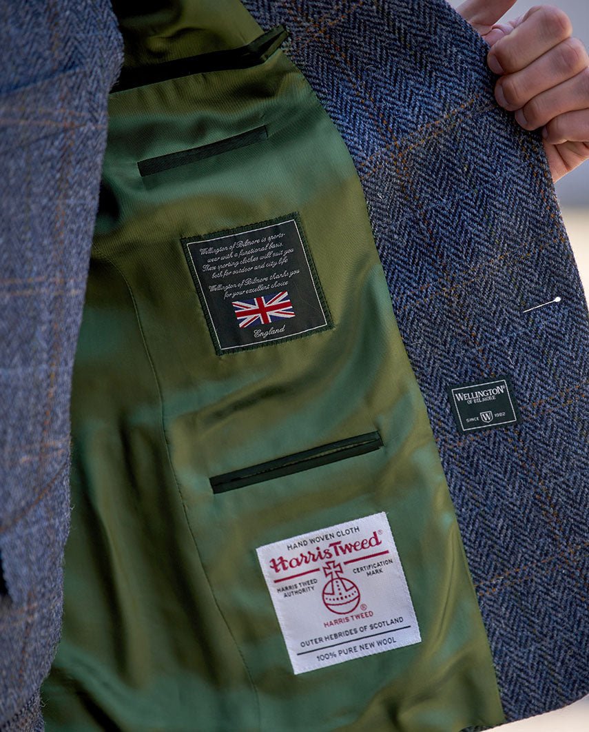 Harris Tweed Sakko ''London'' in grey - blue herringbone - Wellington of Bilmore