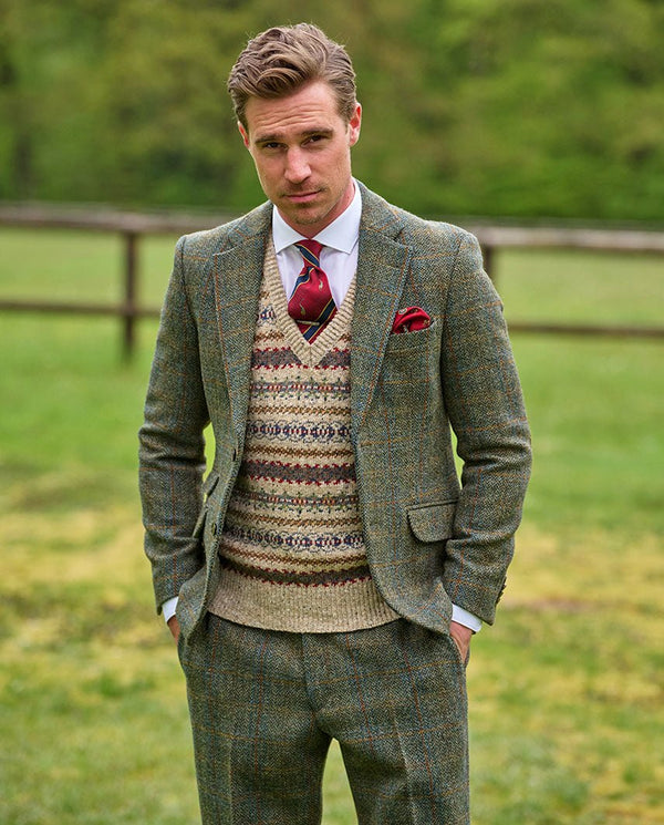 Harris Tweed Sakko "London" in oliv-blue Overcheck