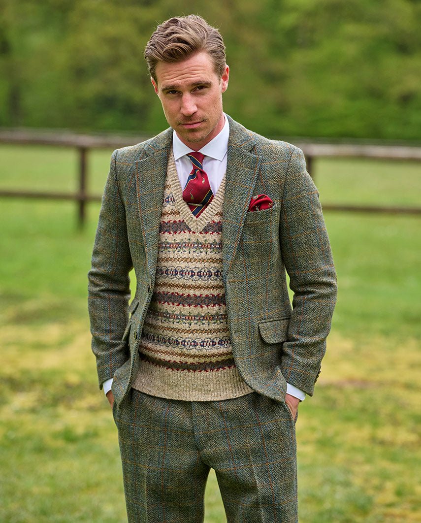 Harris Tweed Sakko ''London'' in oliv - blue Overcheck - Wellington of Bilmore