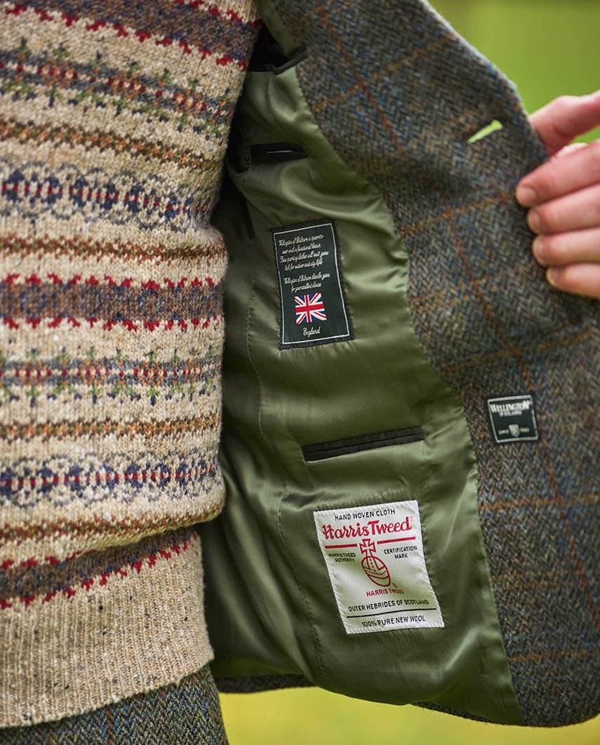 Harris Tweed Sakko ''London'' in oliv - blue Overcheck - Wellington of Bilmore