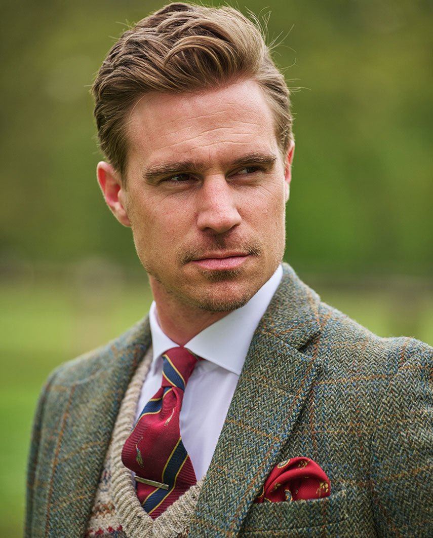 Harris Tweed Sakko ''London'' in oliv - blue Overcheck - Wellington of Bilmore