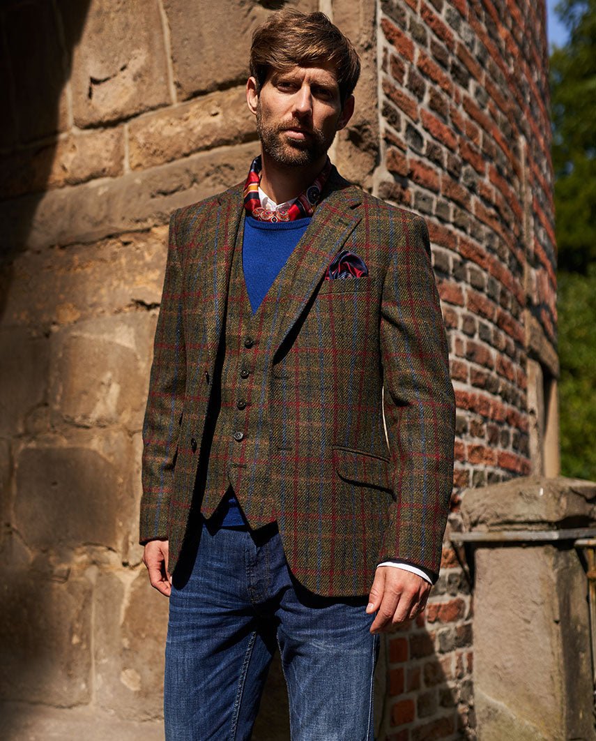 Harris Tweed Sakko "London" in red-blue Check - Wellington of Bilmore
