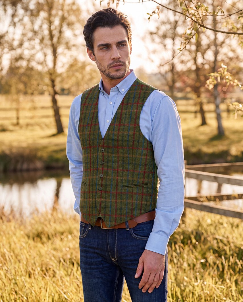 Harris Tweed Weste ''Tailor'' in red-blue Check - Wellington of Bilmore