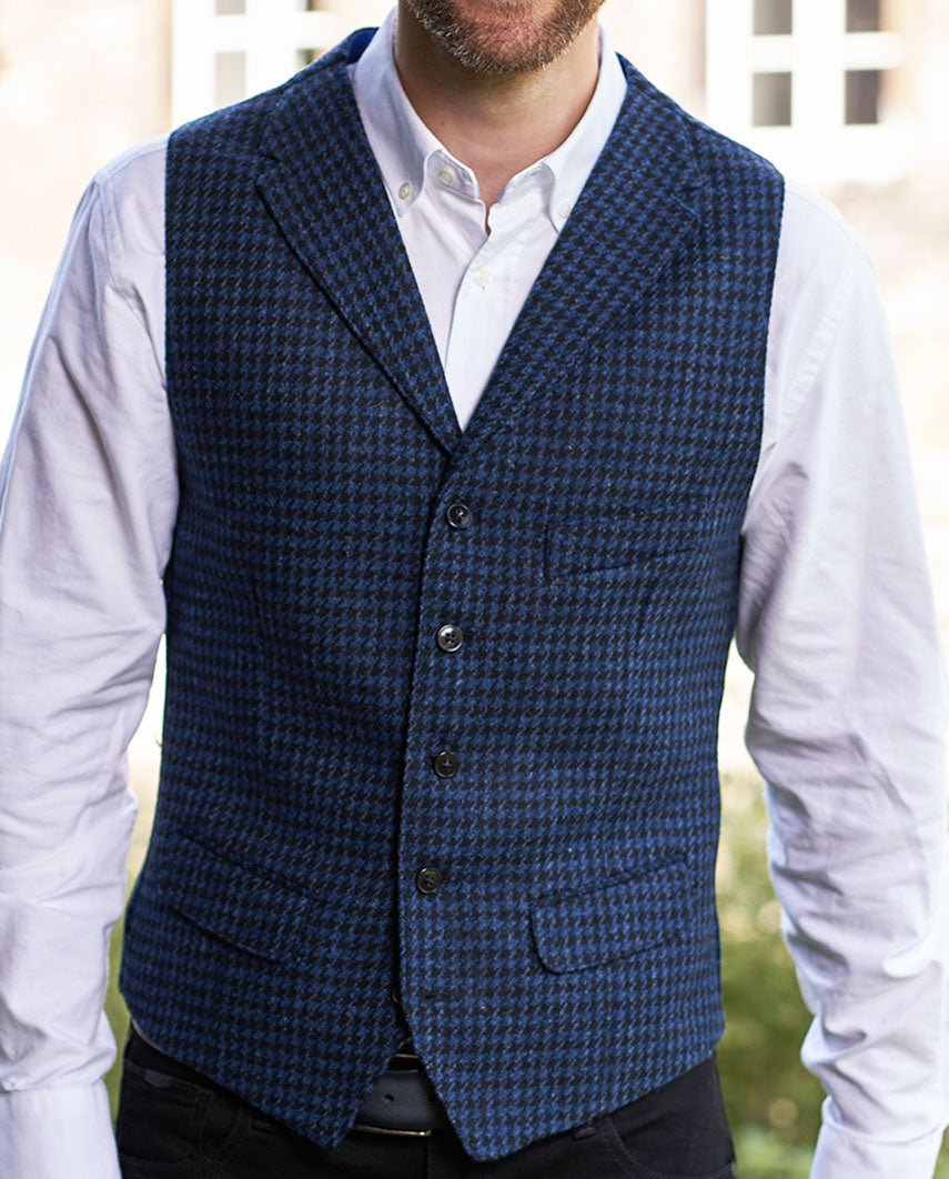 Harris Tweed Weste "Wales" in blau - schwarzem Hahnentritt - Wellington of Bilmore