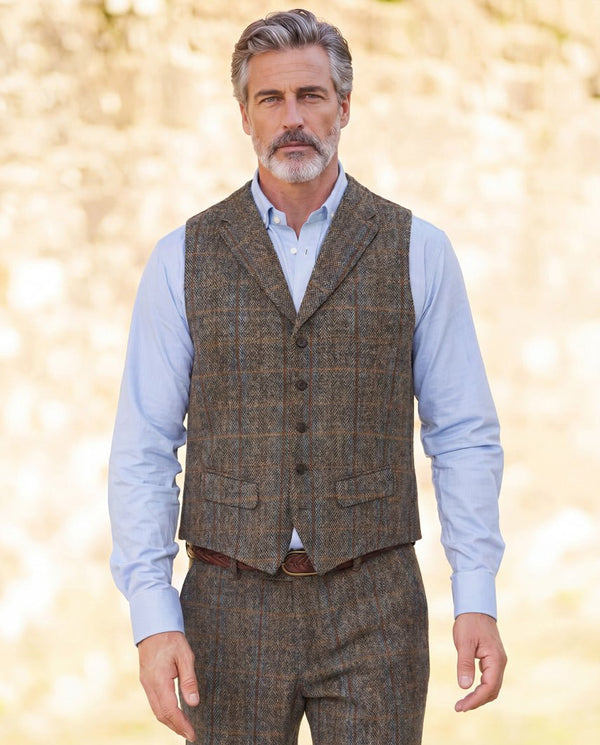 Harris Tweed Weste "Wales" in green blue Herringbone