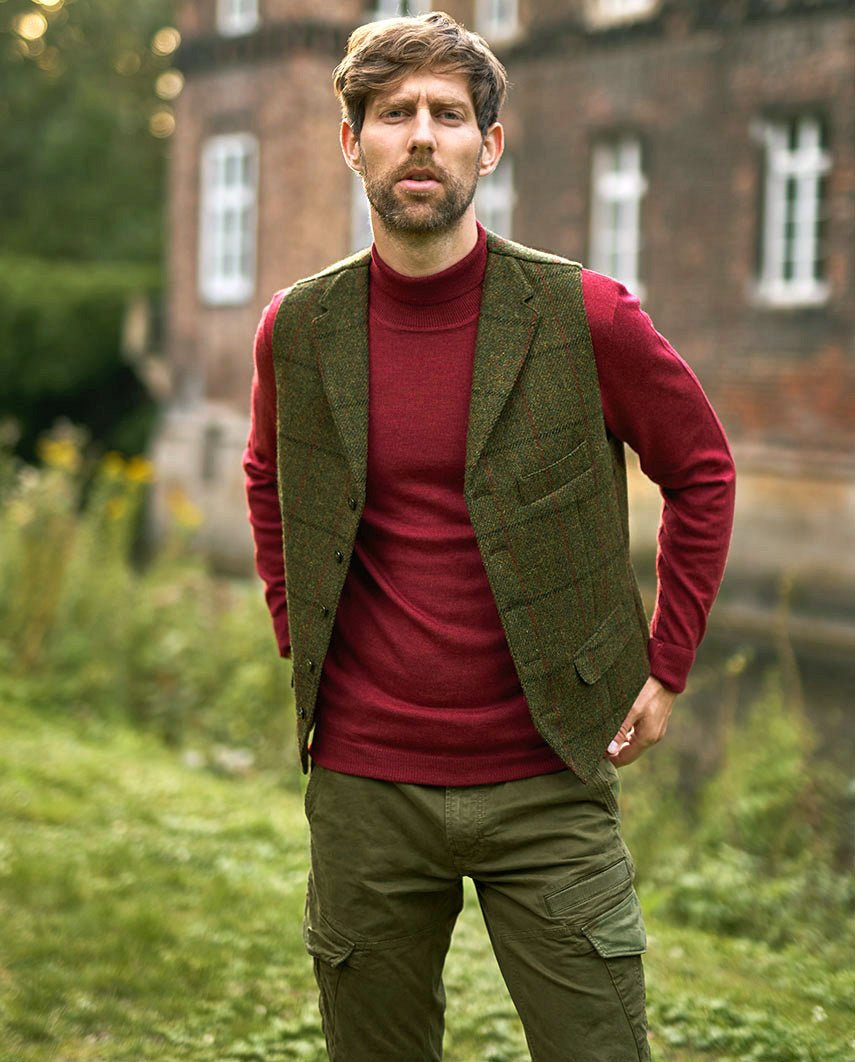 Harris Tweed Weste "Wales" in green Overcheck - Wellington of Bilmore